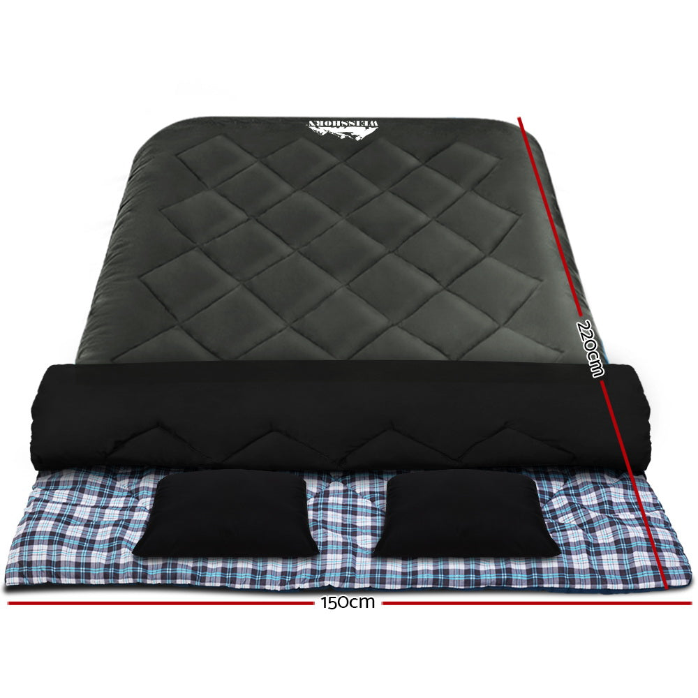 Weisshorn Double Sleeping Bag with 2 Pillows, -10°C, Grey