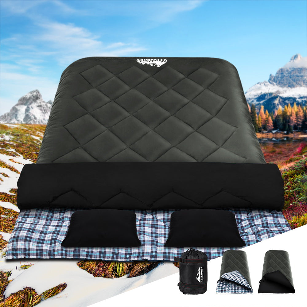 Weisshorn Double Sleeping Bag with 2 Pillows, -10°C, Grey