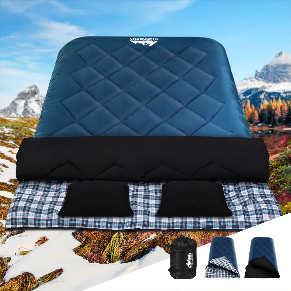 Weisshorn Double Sleeping Bag with 2 Pillows, -10°C, Blue