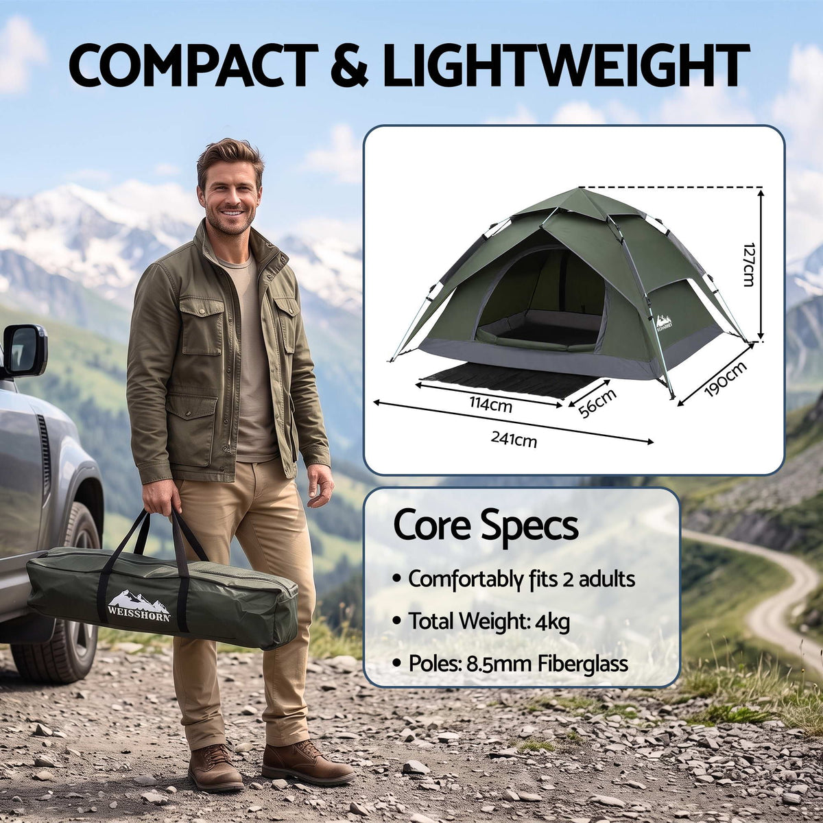 Weisshorn 2 Person Pop-Up Camping Tent with Rainfly, PU3000mm