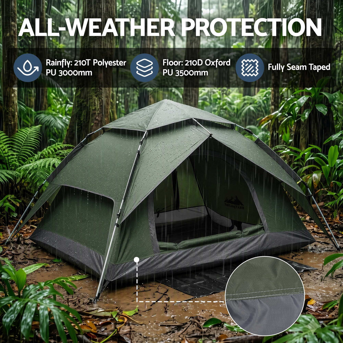 Weisshorn 2 Person Pop-Up Camping Tent with Rainfly, PU3000mm