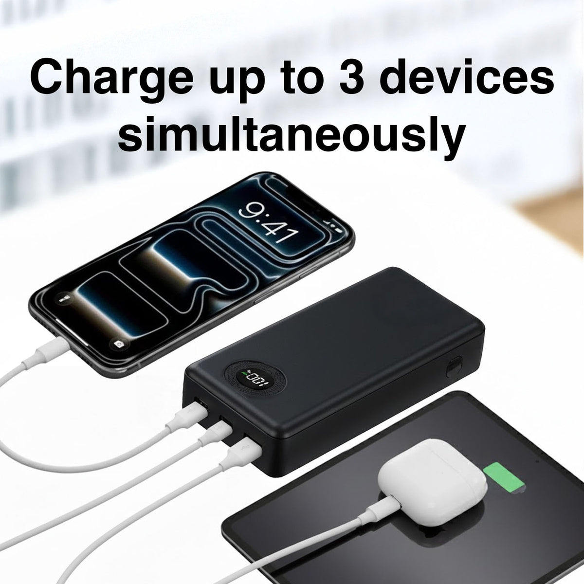 Laser 20000mAh Power Bank, 20W USB-C PD, LED Display, Black