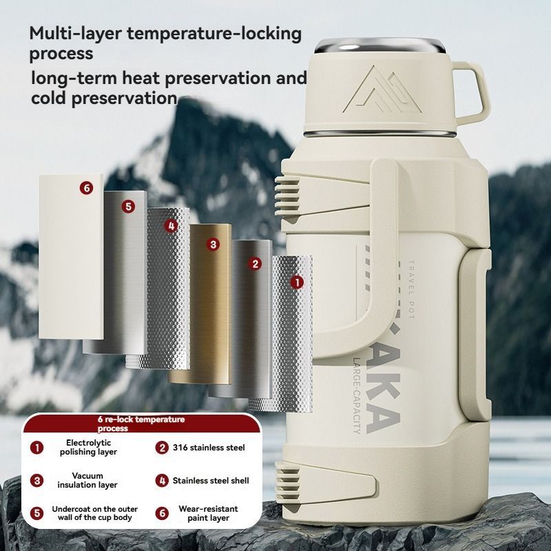 316 Stainless Steel Thermos Flask with Tea Filter and Cup Lid, 2L, Black