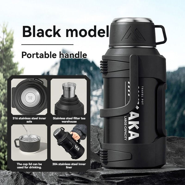 316 Stainless Steel Thermos Flask with Tea Filter and Cup Lid, 3L, Black