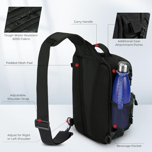 MOLLE Fishing Sling Bag with Rod Holder, Black Camo
