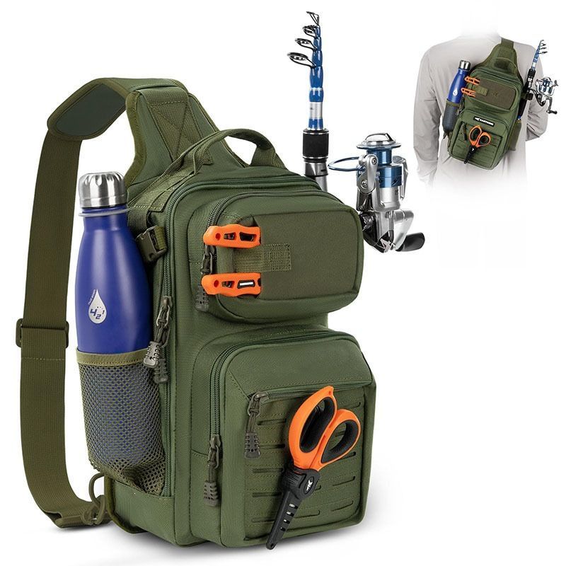 MOLLE Fishing Sling Bag with Rod Holder, Black Camo