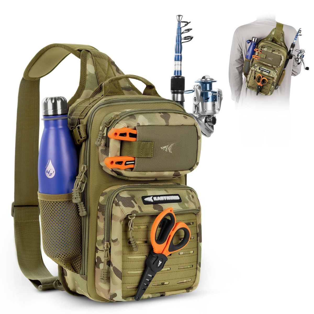 MOLLE Fishing Sling Bag with Rod Holder, Green Camo