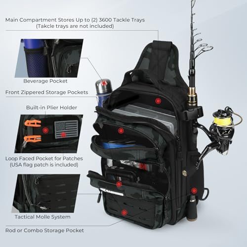 MOLLE Fishing Sling Bag with Rod Holder, Green