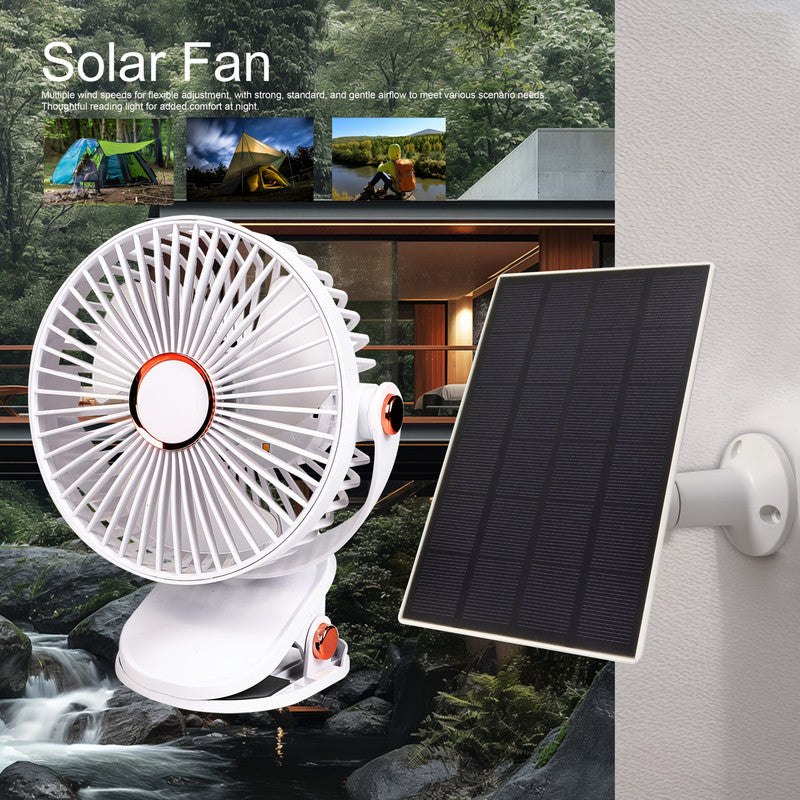 Solar Rechargeable Camping Fan with Light, 10000mAh, White