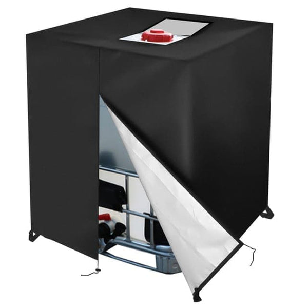 Black 210D Oxford IBC Tank Cover, Zip and Velcro Access, 120 x 100 x 116 cm