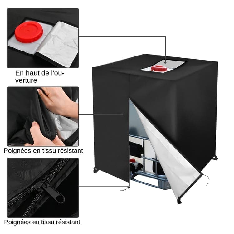 Black 210D Oxford IBC Tank Cover, Zip and Velcro Access, 120 x 100 x 116 cm