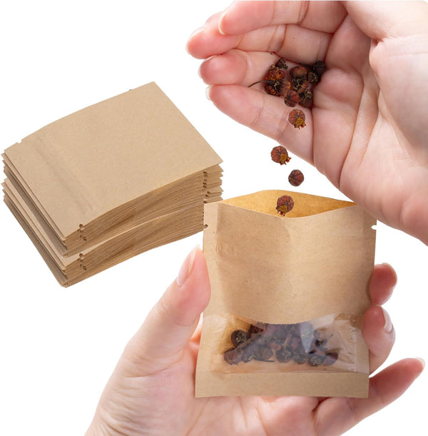 100 Pack Sealable Kraft Paper Bags with Clear Window - 7 x 9cm