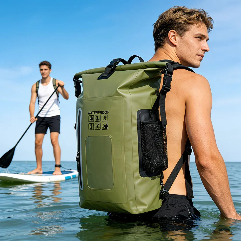 6.6 Gallon Outdoor Backpack, Detachable Shoulder Straps, Transparent Window & Buckle Clips, Suitable for Hiking, Beach Sports, Trekking and Rowing, Green, Portal Adventure Gear(pitch green)