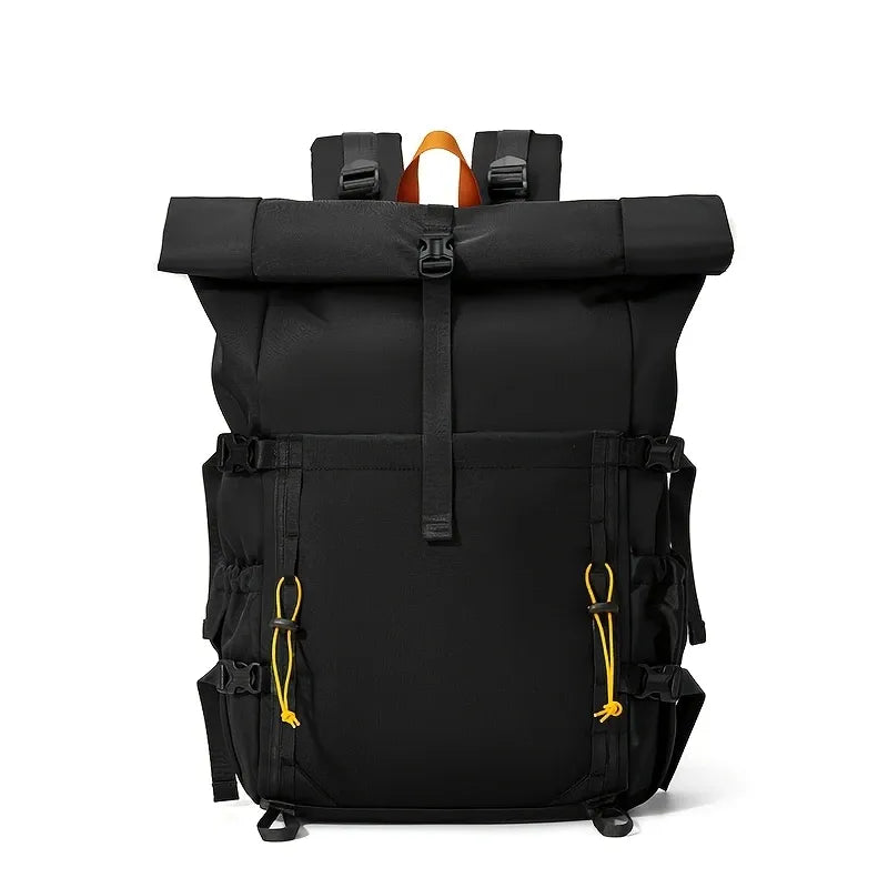 Waterproof Nylon Roll-Top Backpack, 22-28L Expandable, Black