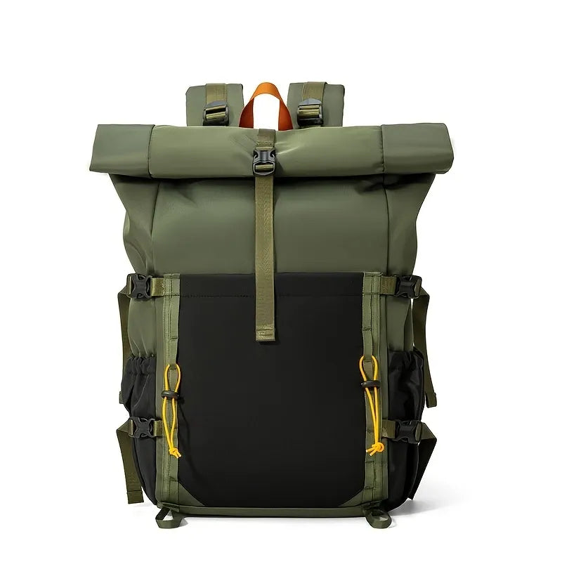 Waterproof Nylon Roll-Top Backpack, 22-28L Expandable, Green