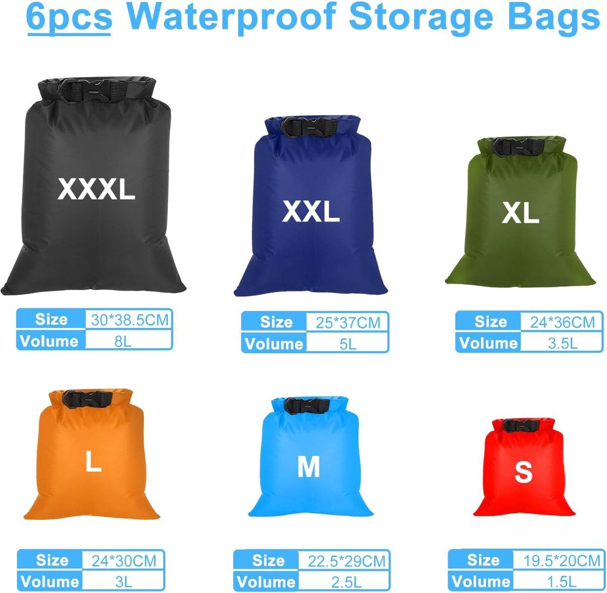 6 Pack Waterproof Dry Bags, 1.5L to 8L