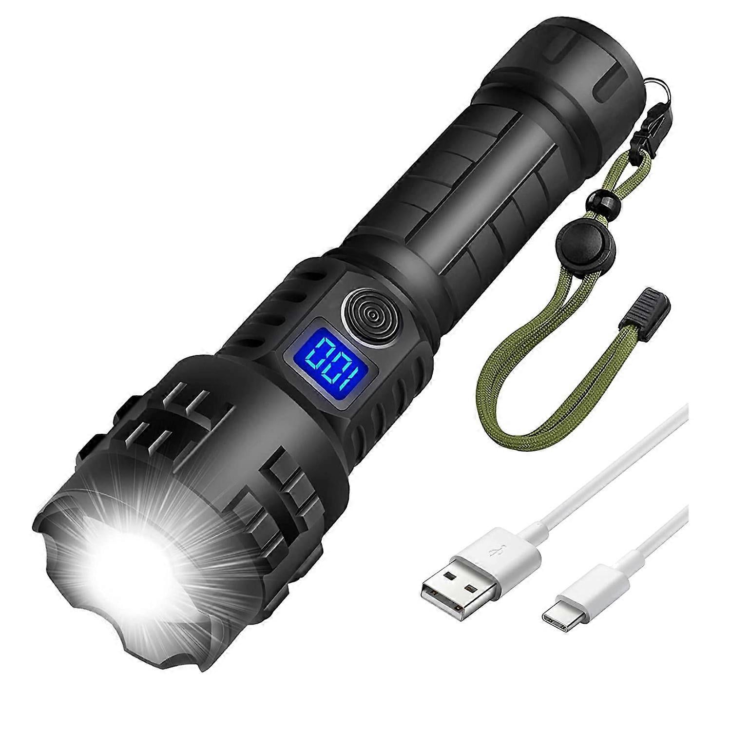High-Power Rechargeable Zoom LED Flashlight – 500m Spotlight, Power Display & USB Charging