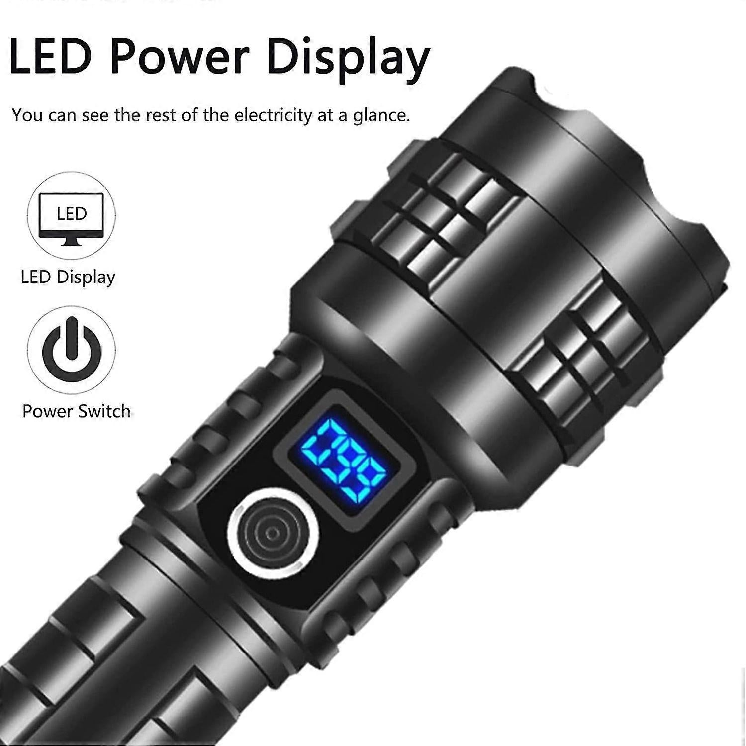 High-Power Rechargeable Zoom LED Flashlight – 500m Spotlight, Power Display & USB Charging