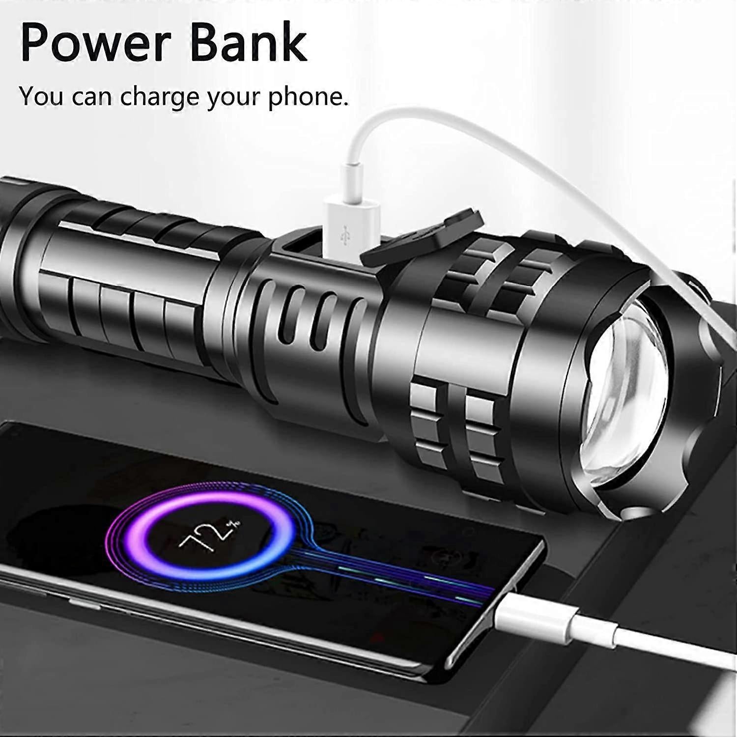 High-Power Rechargeable Zoom LED Flashlight – 500m Spotlight, Power Display & USB Charging
