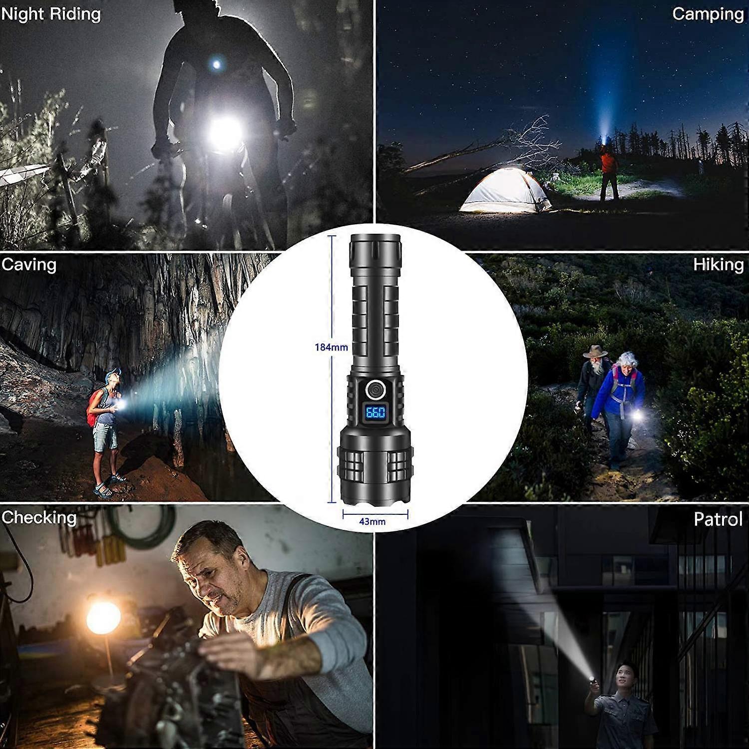 High-Power Rechargeable Zoom LED Flashlight – 500m Spotlight, Power Display & USB Charging