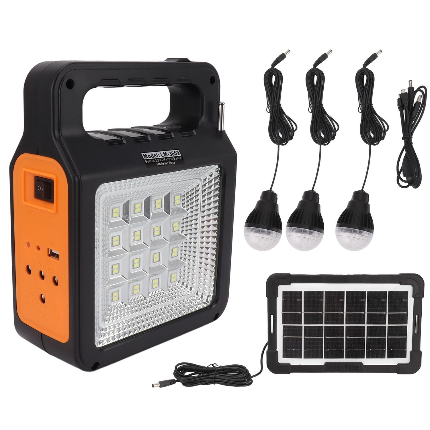 6000mAh Solar Emergency Lighting & Power Kit – Radio, MP3, 3 Bulbs & USB Charging
