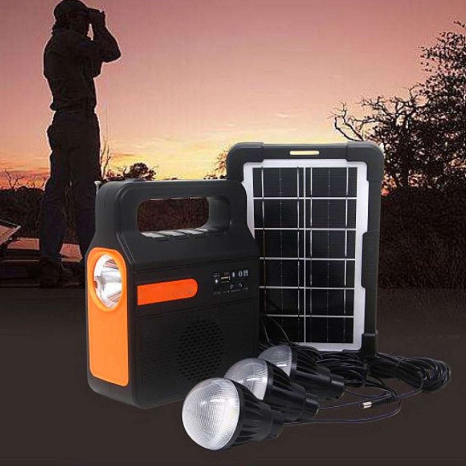 6000mAh Solar Emergency Lighting & Power Kit – Radio, MP3, 3 Bulbs & USB Charging