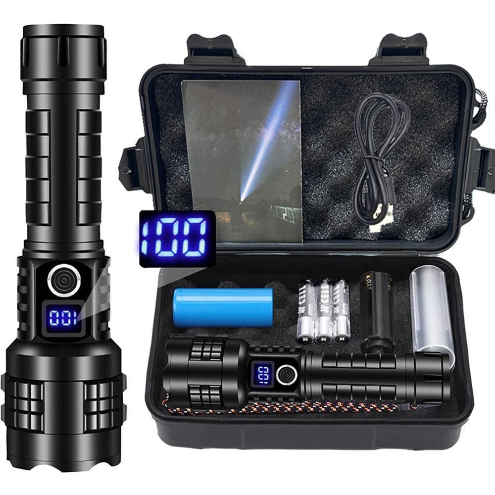 High-Lumen Rechargeable LED Flashlight – LCD Power Display, Zoom Beam & Power Bank
