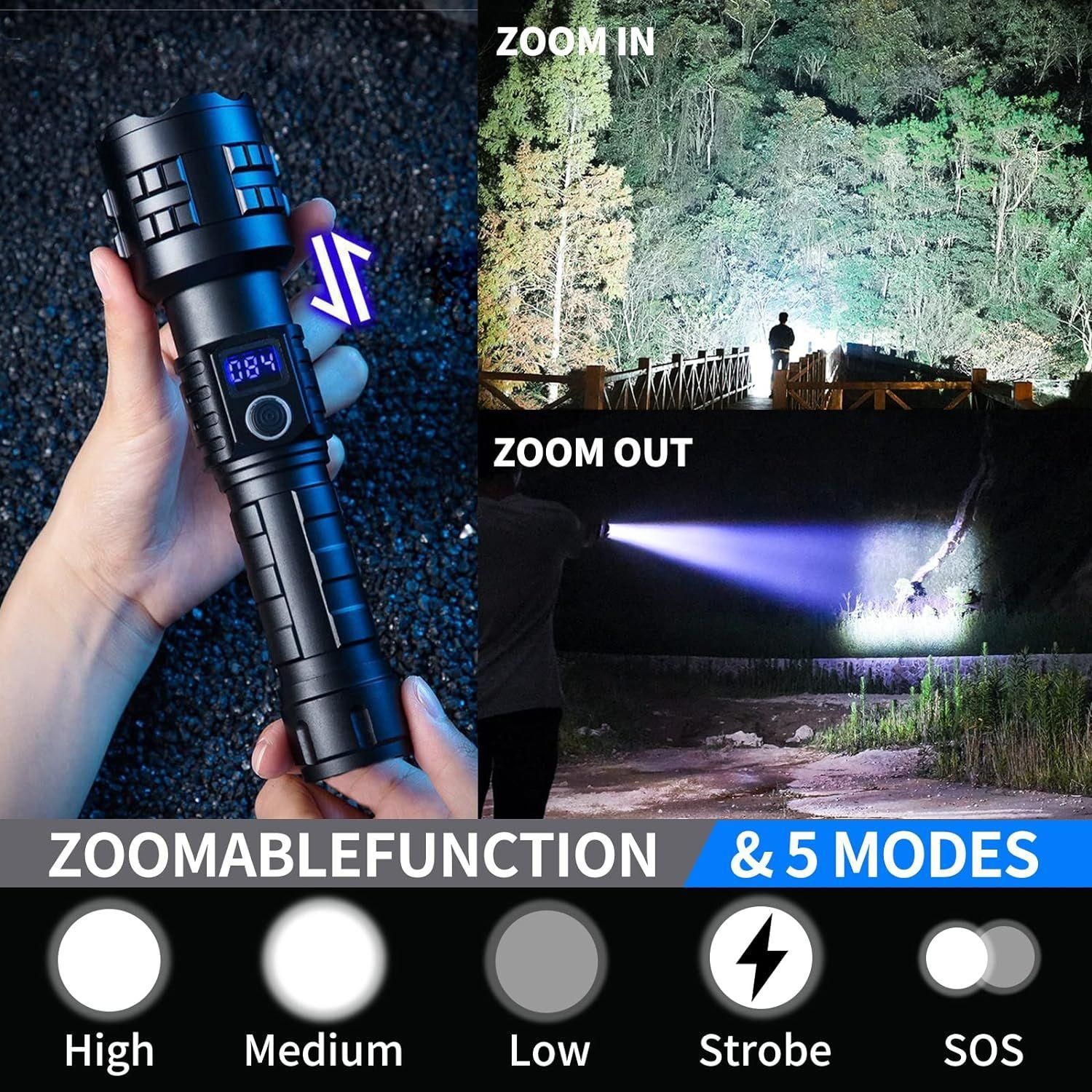 High-Lumen Rechargeable LED Flashlight – LCD Power Display, Zoom Beam & Power Bank