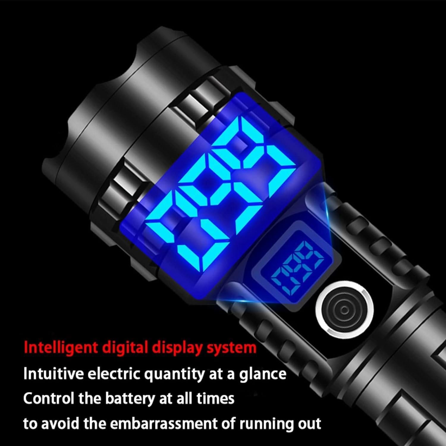 High-Lumen Rechargeable LED Flashlight – LCD Power Display, Zoom Beam & Power Bank