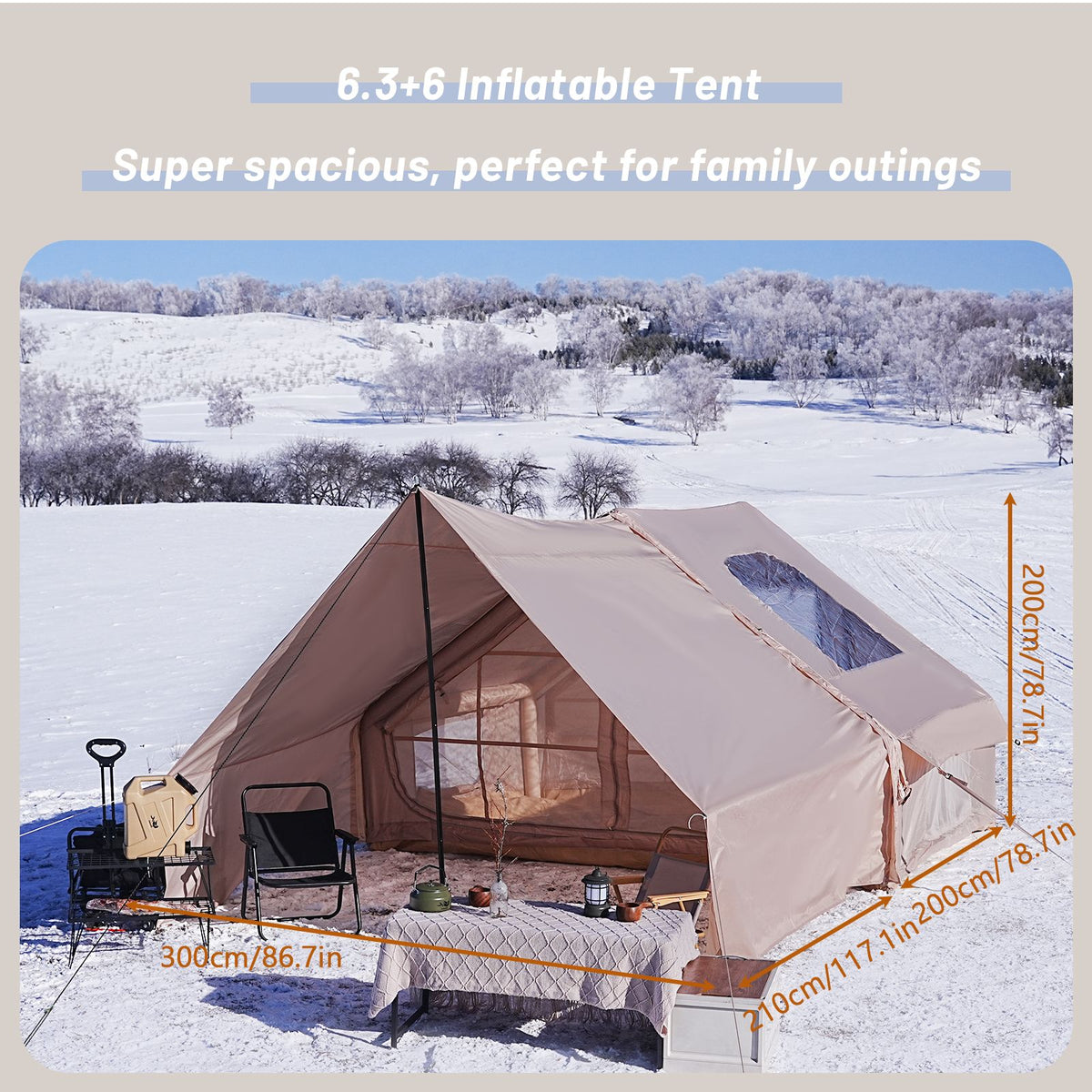 Inflatable Family Cabin Tent, 4-6 Person, with Awning Porch and Air Pump, Khaki