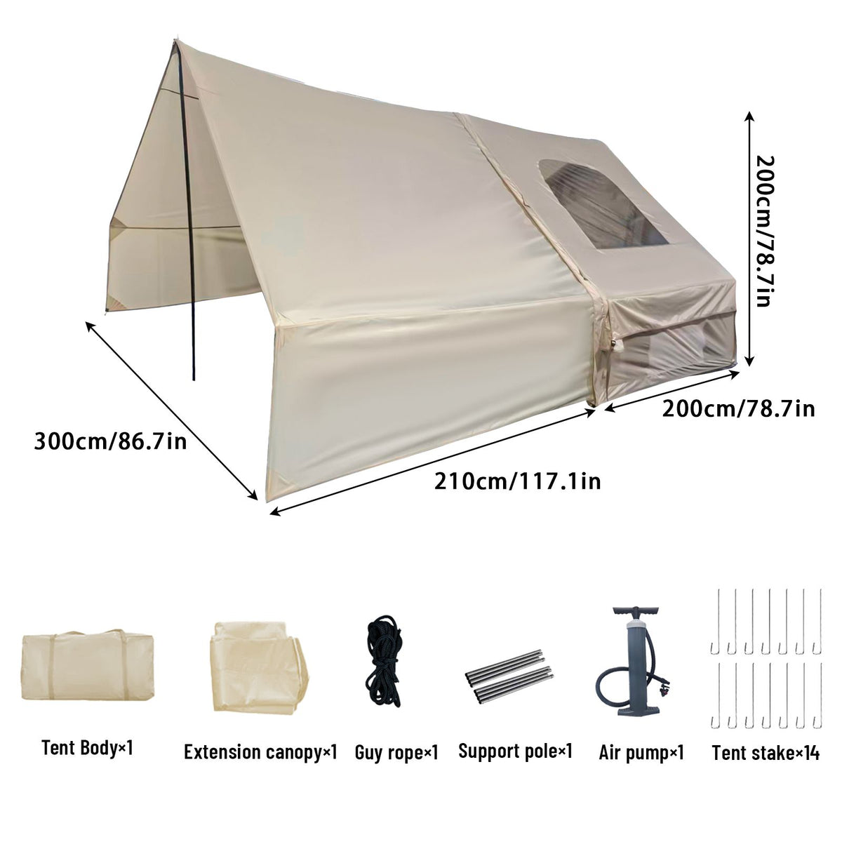 Inflatable Family Cabin Tent, 4-6 Person, with Awning Porch and Air Pump, Khaki
