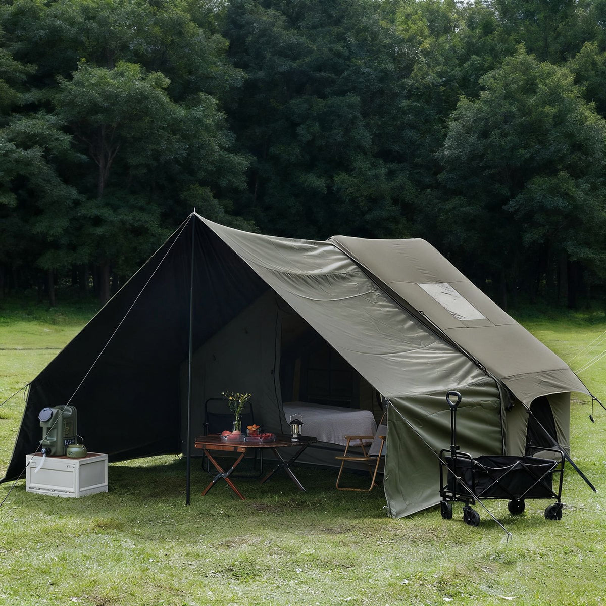 Inflatable Family Cabin Tent, 4-6 Person, with Awning Porch and Air Pump, Dark Green