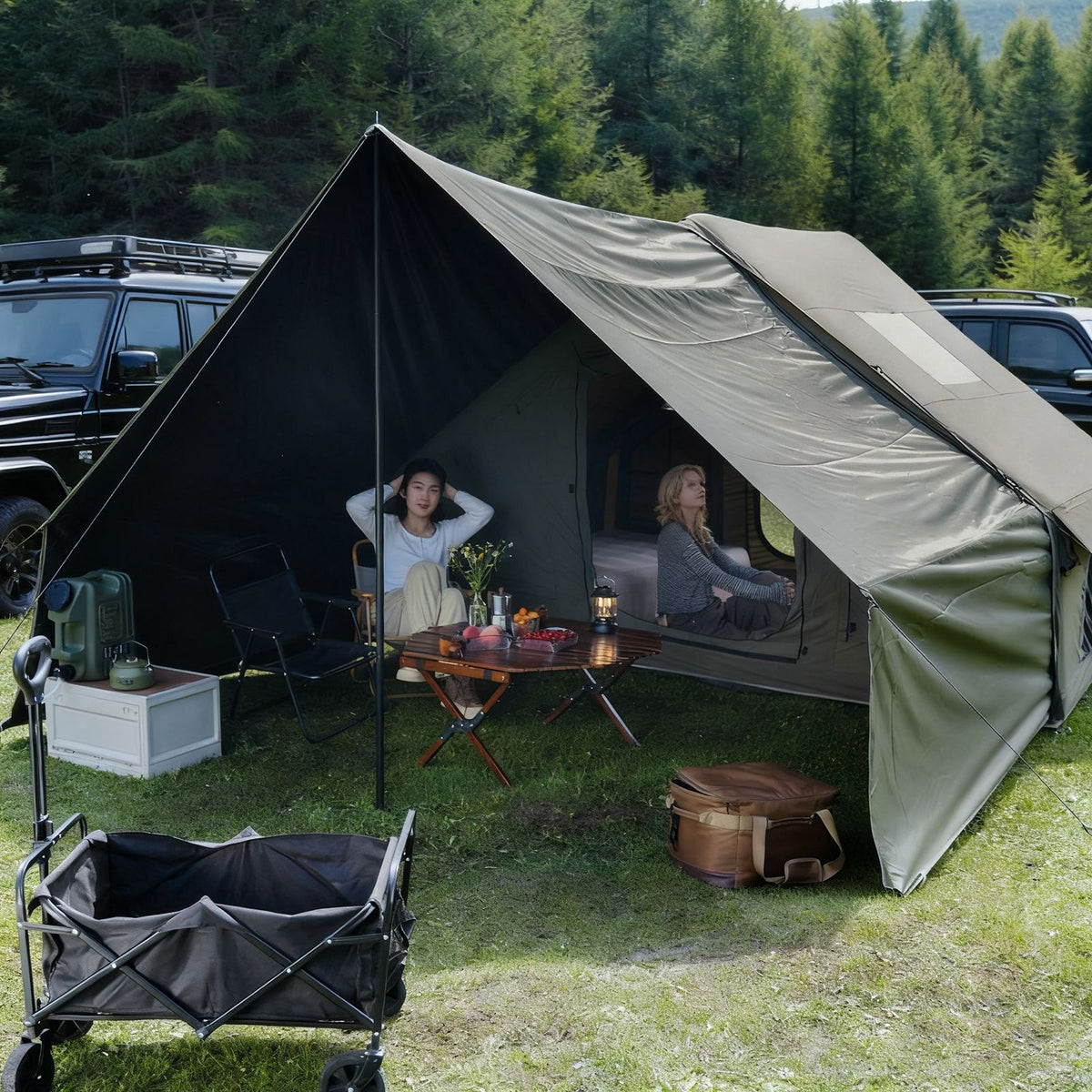 Inflatable Family Cabin Tent, 4-6 Person, with Awning Porch and Air Pump, Dark Green
