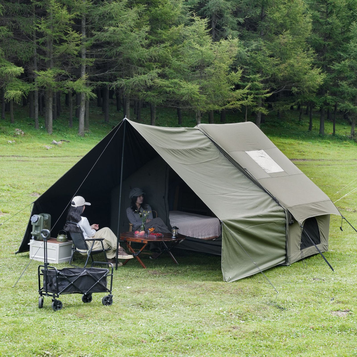 Inflatable Family Cabin Tent, 4-6 Person, with Awning Porch and Air Pump, Dark Green