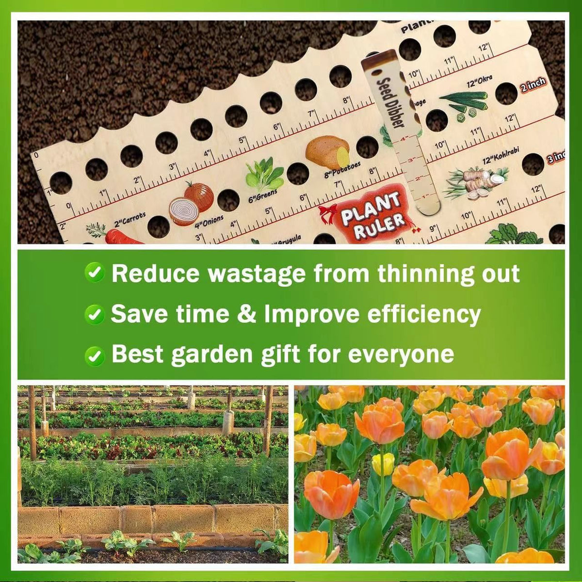 Wooden Seed Spacing Plant Ruler, Square Foot Gardening