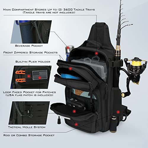 Fishing Sling Backpack for Anglers, Black