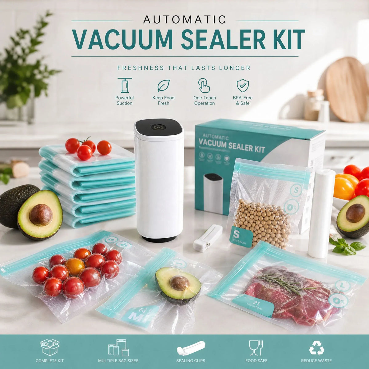 CARLA HOME Automatic Vacuum Sealer Kit with 10 Reusable Bags, White