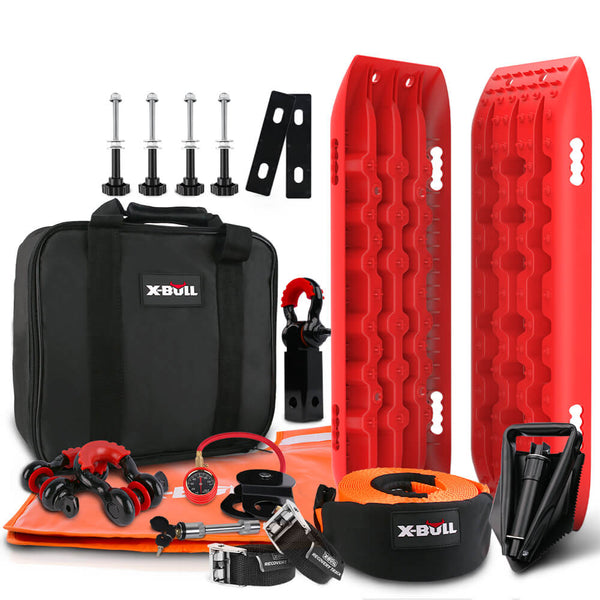 X-BULL Winch Recovery Kit with Gen 2.0 Recovery Tracks & Mounting Pins, Red