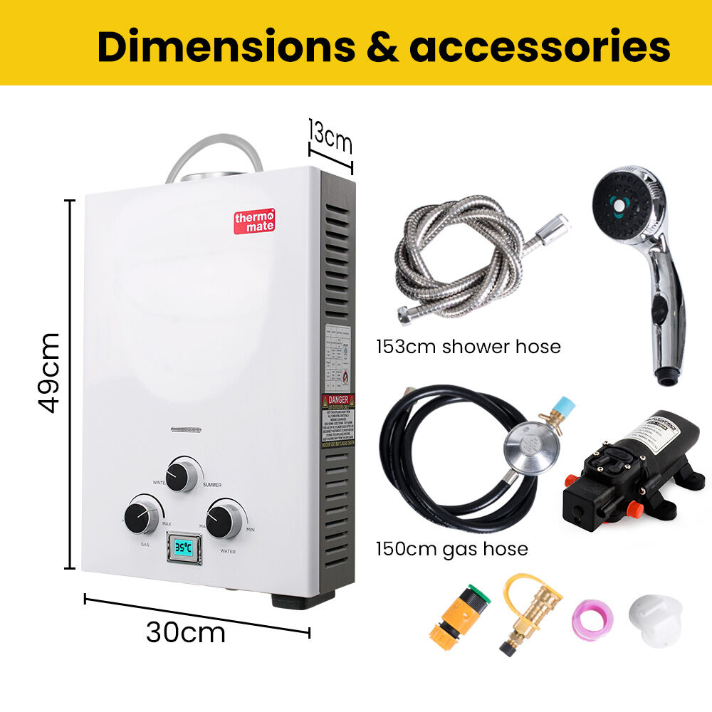 Thermomate Portable Gas Hot Water System with 12V Pump & Shower, White