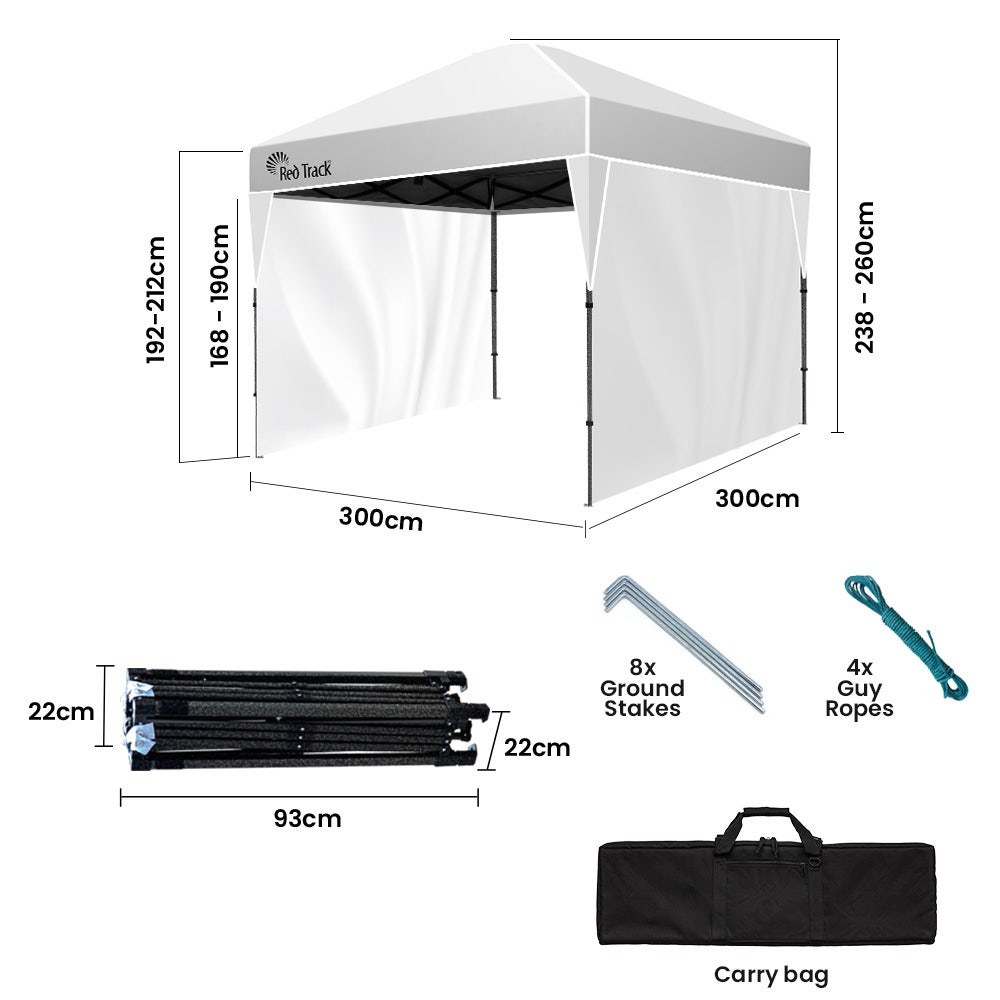 RED TRACK Ultra Compact Folding Gazebo, 3 x 3m with Walls, White
