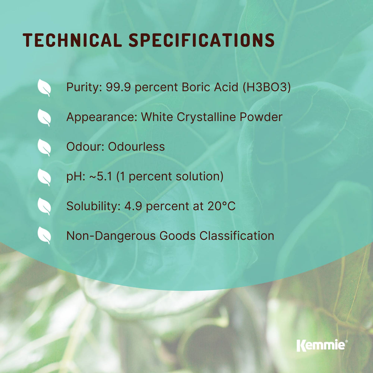 Kemmie Boric Acid Powder, 99.9% Technical Grade, 5kg