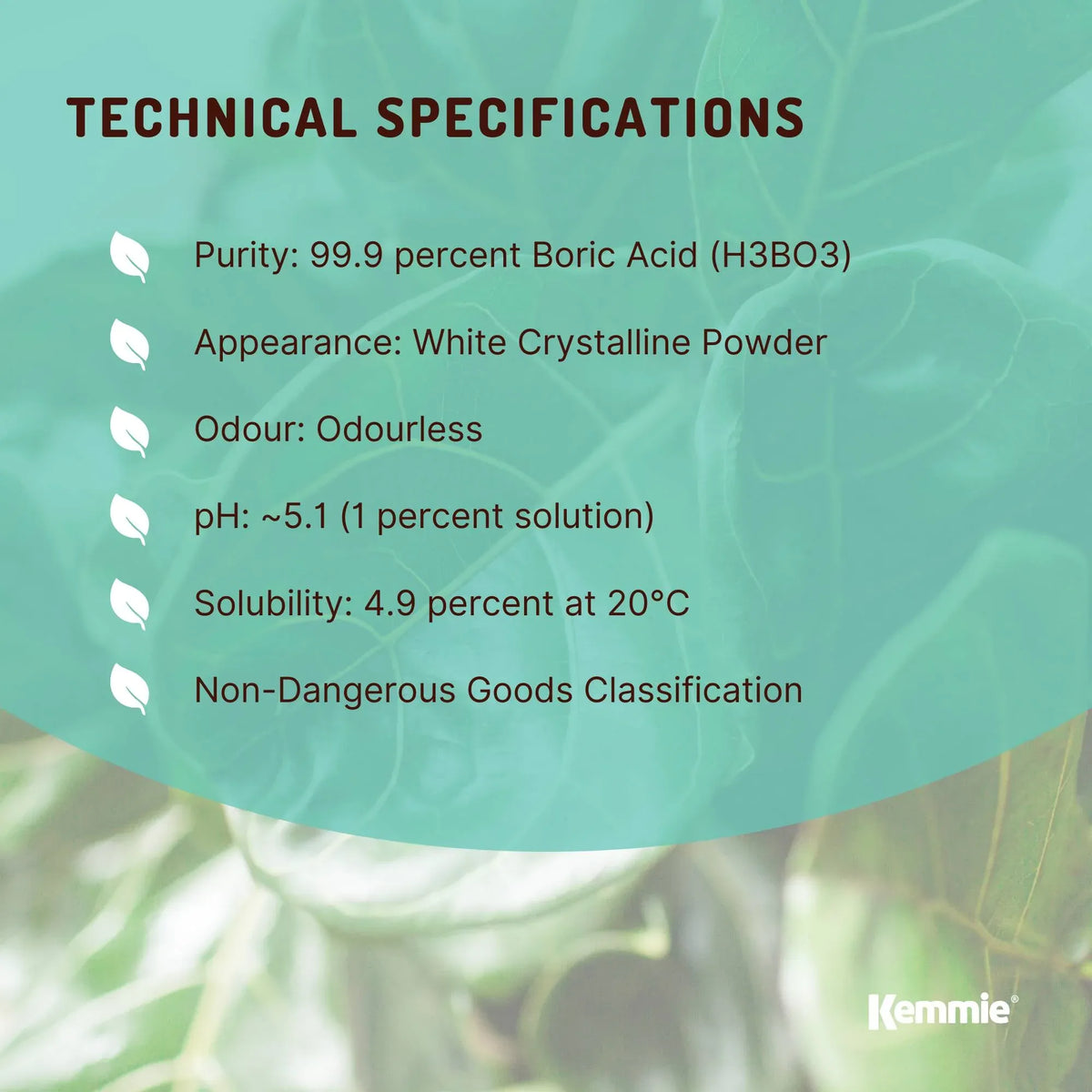 Kemmie Boric Acid Powder, 99.9% Technical Grade, 20kg