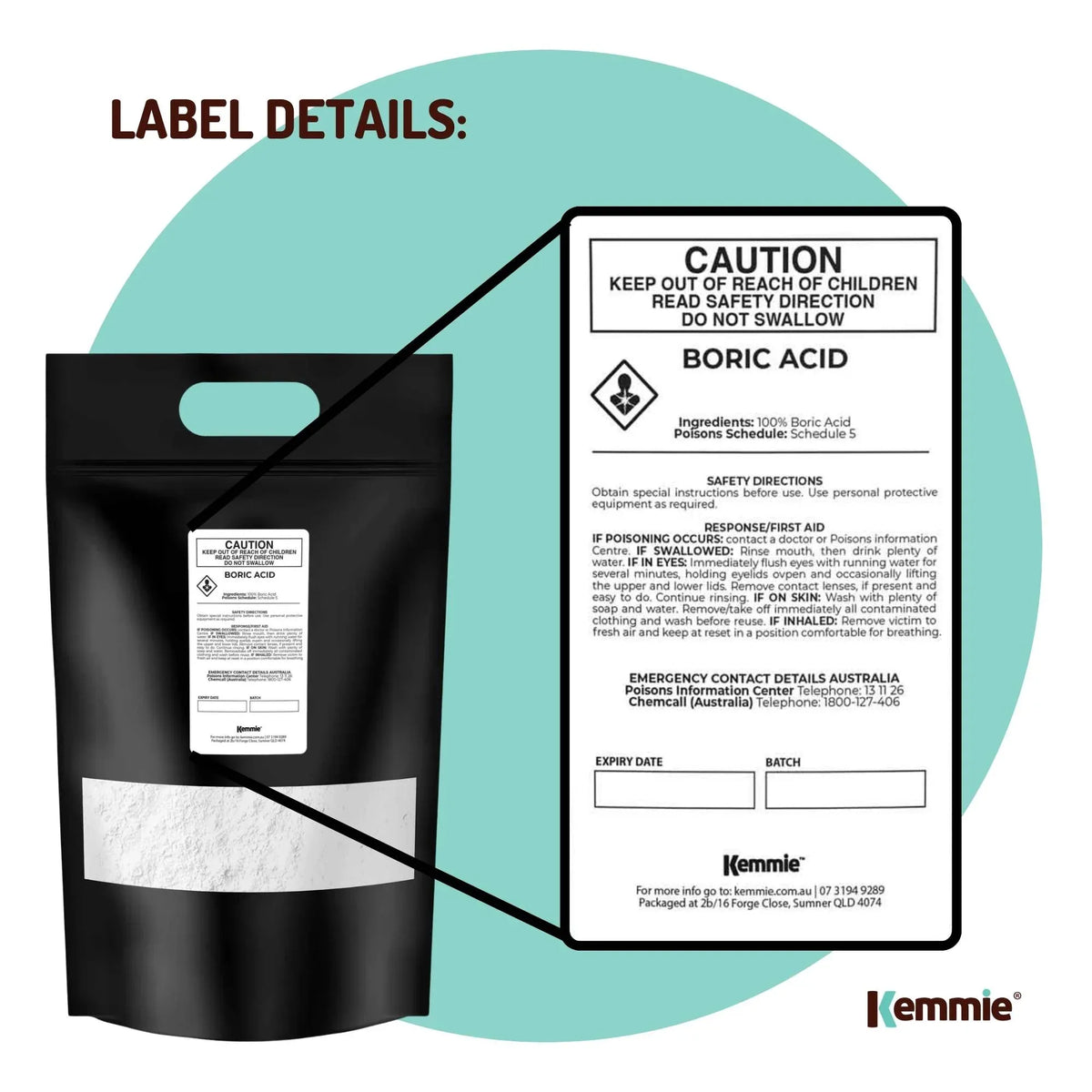 Kemmie Boric Acid Powder, 99.9% Technical Grade, 20kg