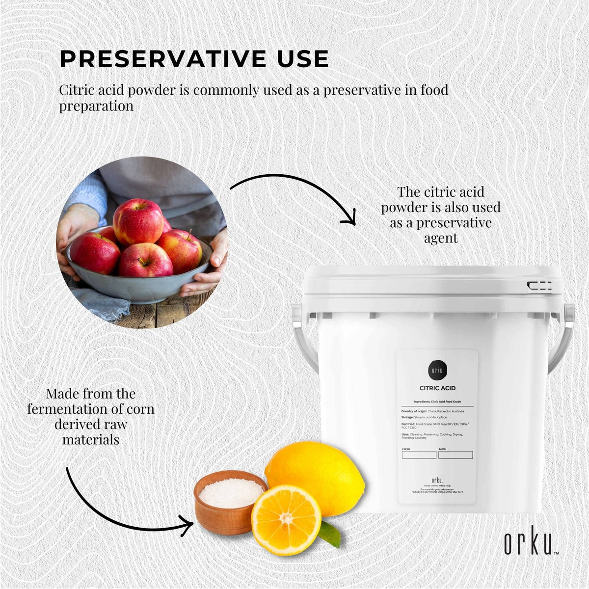 Orku Citric Acid, Food Grade, 5kg Tub