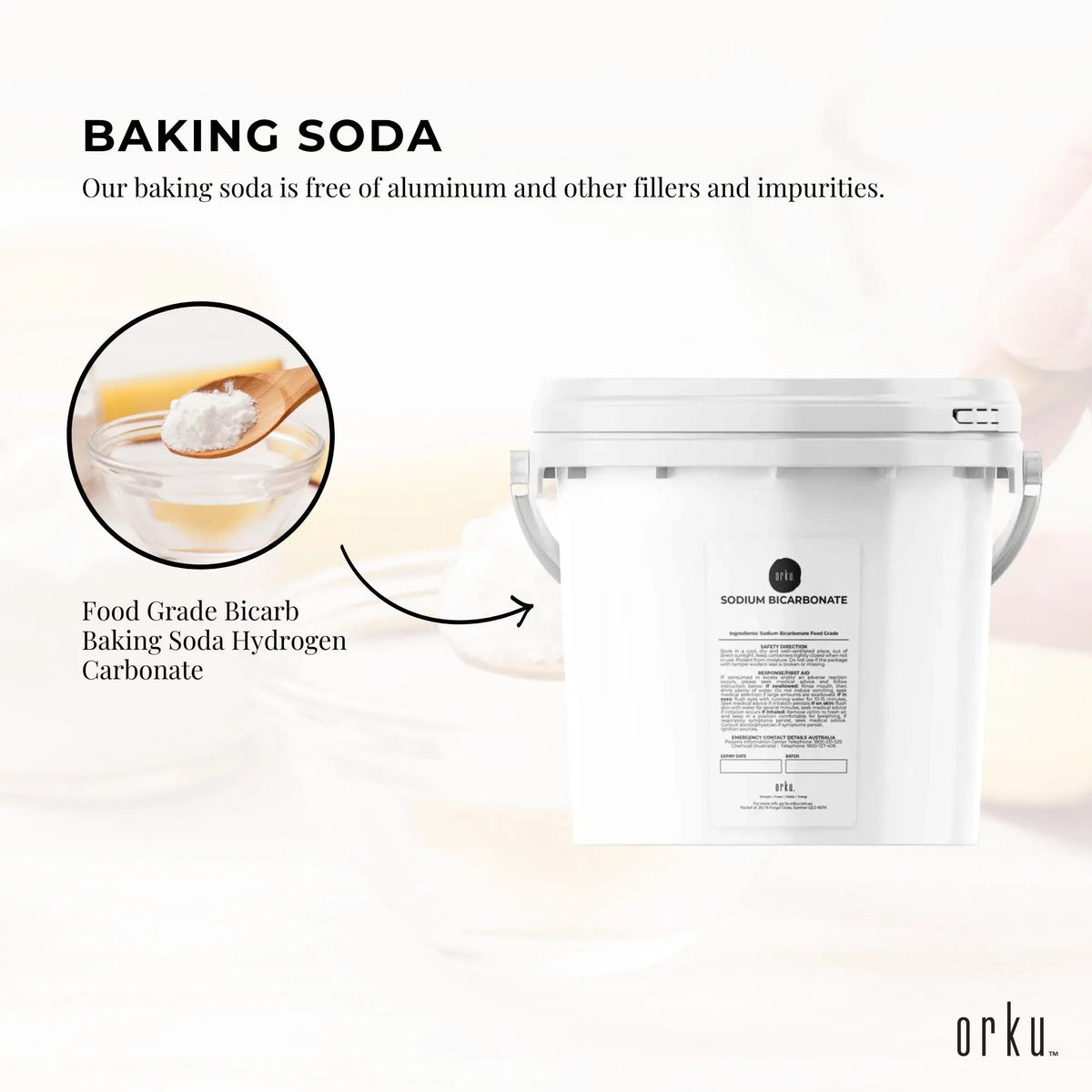 Orku Sodium Bicarbonate, Food Grade, Aluminium Free, 5kg Tub