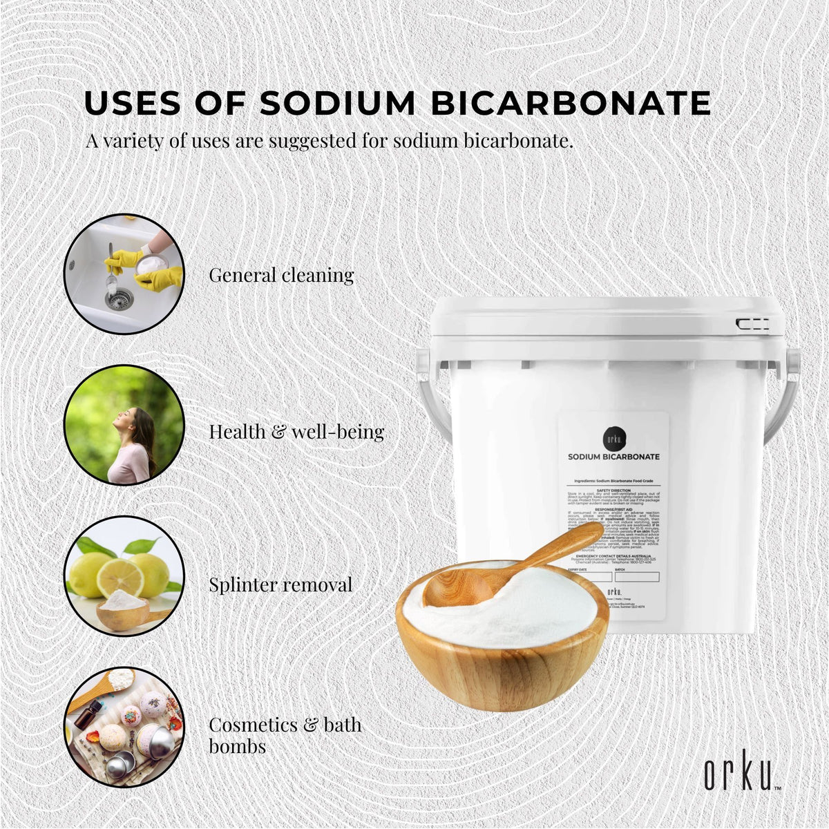 Orku Sodium Bicarbonate, Food Grade, Aluminium Free, 5kg Tub