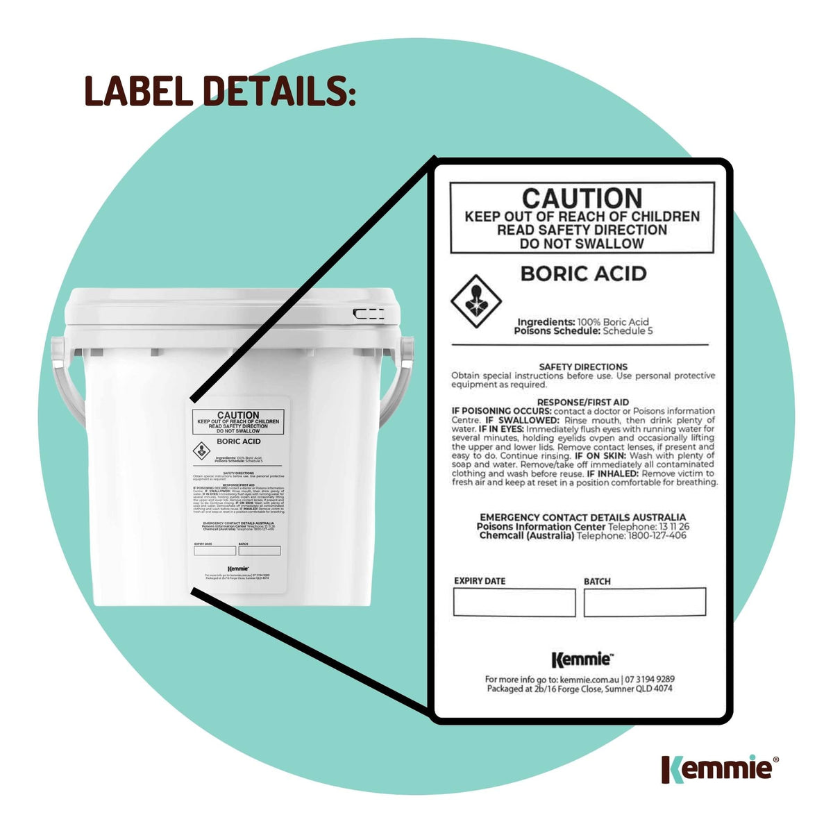 Kemmie Boric Acid Powder, 99.9% Technical Grade, 4.9kg Tub