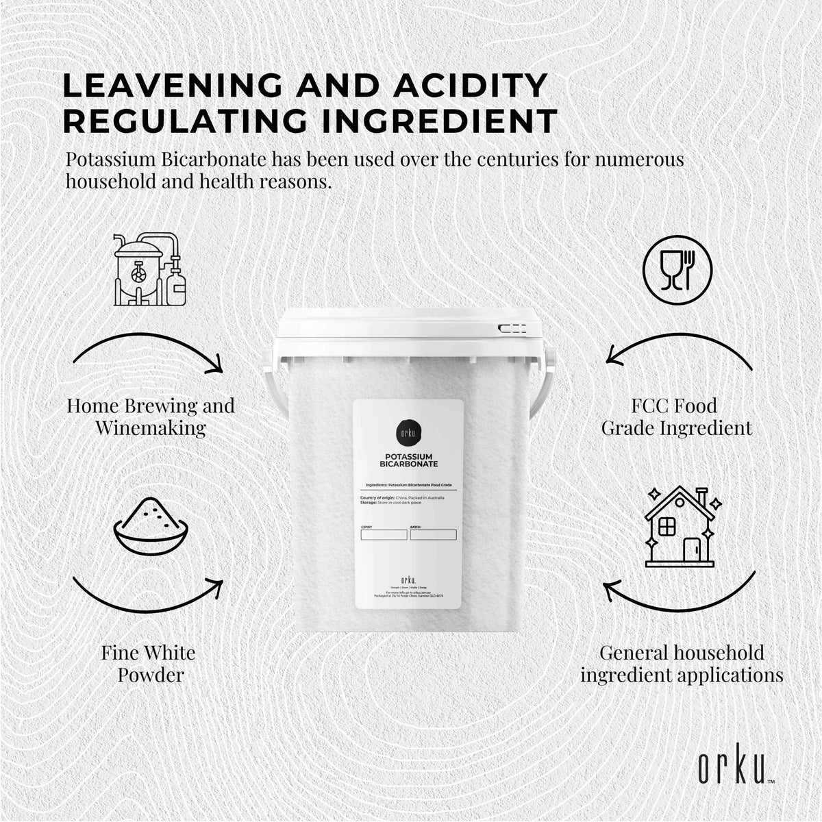 Orku Potassium Bicarbonate, Food Grade FCC, 1.3kg Tub