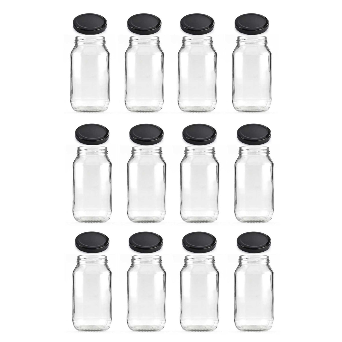 Flint Glass Jars with Twist Lids, Round, 500ml, 12 Pack