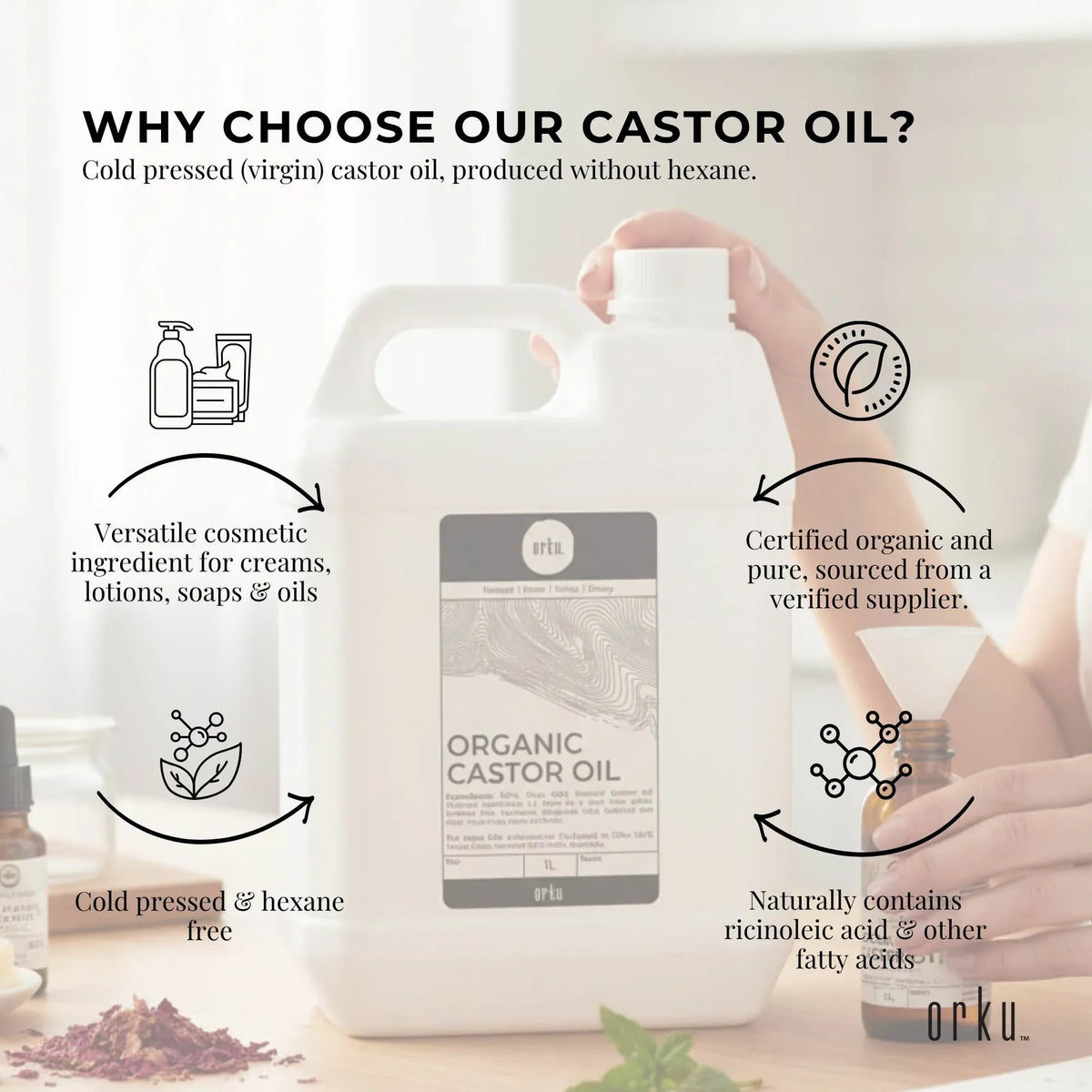 Orku Organic Castor Oil, Cold Pressed, Hexane Free, 5L